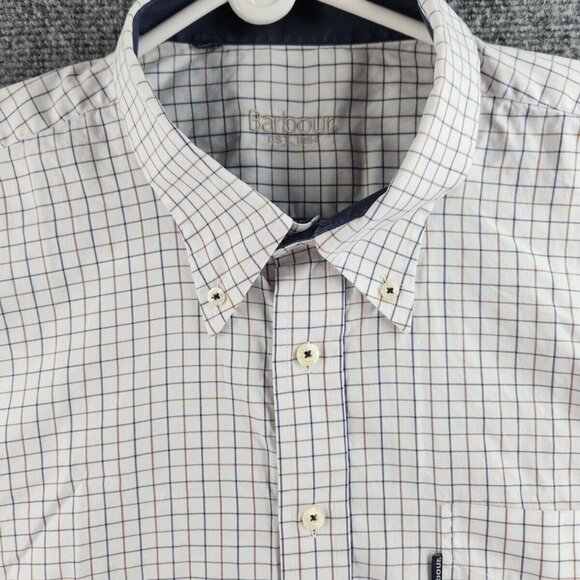 Barbour Blue Brown White Check Button Up Shirt Cotton Pocket Long Sleeve Woven - Picture 1 of 16